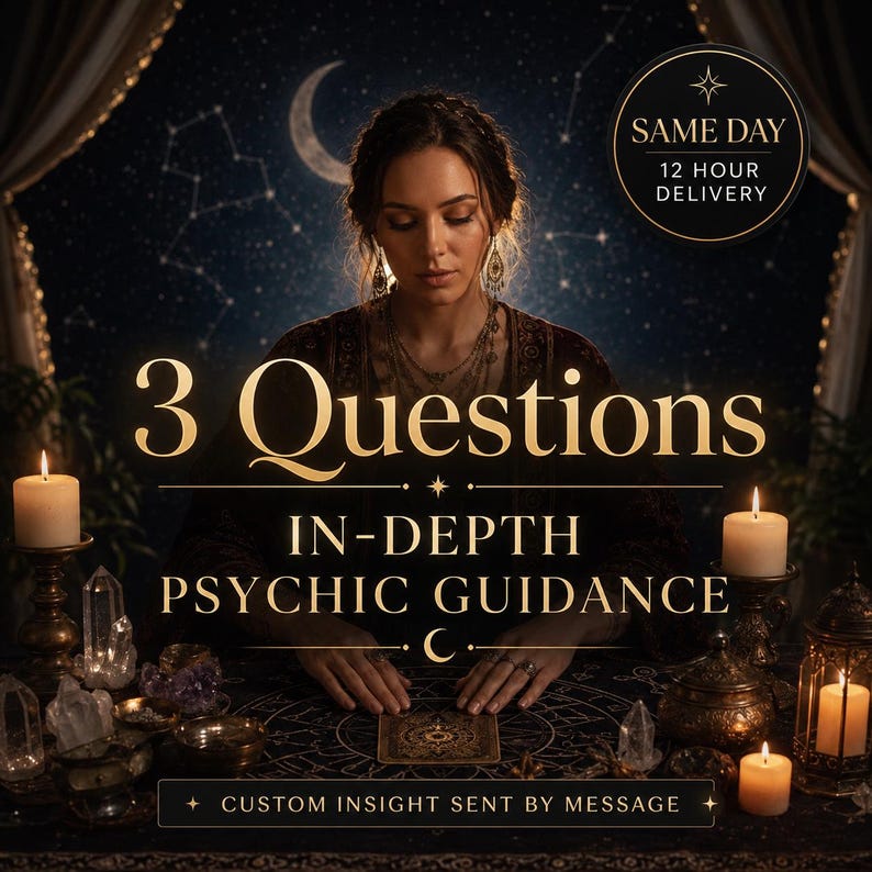 May include: A digital graphic featuring the text 3 Questions In-Depth Psychic Guidance and Custom Insight Sent By Message. A person sits behind a table with candles, crystals, and a tarot card against a dark starry background with a crescent moon.