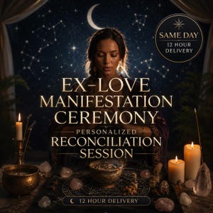 May include: A digital graphic featuring the text EX-LOVE MANIFESTATION CEREMONY PERSONALIZED RECONCILIATION SESSION with a SAME DAY 12 HOUR DELIVERY badge. The scene includes lit candles, crystals, and a bowl on a dark, star-filled background.