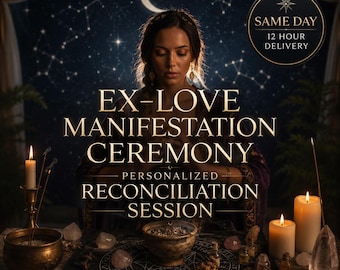 May include: A digital graphic featuring the text EX-LOVE MANIFESTATION CEREMONY PERSONALIZED RECONCILIATION SESSION with a SAME DAY 12 HOUR DELIVERY badge. The scene includes lit candles, crystals, and a bowl on a dark, star-filled background.