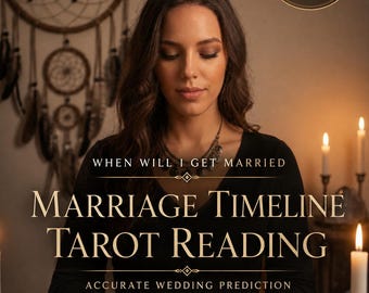 May include: A person with long brown hair wearing a black top and jewelry, sitting at a table with tarot cards, candles, and crystals. Text reads: WHEN WILL I GET MARRIED, MARRIAGE TIMELINE TAROT READING, ACCURATE WEDDING PREDICTION, SAME DAY 12 HOUR DELIVERY.