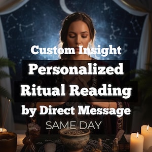 May include: An image with text that reads "Custom Insight, Personalized Ritual Reading by Direct Message, SAME DAY." The image features a woman in front of a starry night backdrop, with candles and ritual items on a table.