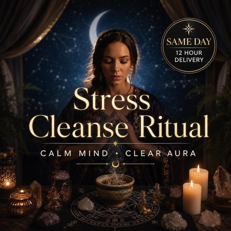 Peut inclure: Un ensemble rituel avec un bol central d&eacute;gageant de la fum&eacute;e, entour&eacute; de cristaux, deux bougies allum&eacute;es et un tapis sombre avec des symboles circulaires blancs. Le texte indique : Stress Cleanse Ritual, Calm Mind, Clear Aura, Same Day 12 Hour Delivery.