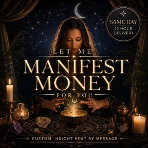 May include: A digital graphic featuring a person with long hair behind a table with candles, crystals, and a bowl emitting smoke. Text reads: LET ME MANIFEST MONEY FOR YOU, SAME DAY 12 HOUR DELIVERY, and CUSTOM INSIGHT SENT BY MESSAGE.