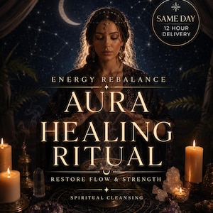 May include: A dark, atmospheric scene featuring the text ENERGY REBALANCE AURA HEALING RITUAL RESTORE FLOW & STRENGTH SPIRITUAL CLEANSING. A person with closed eyes sits behind a bowl emitting smoke, surrounded by lit candles and crystals.