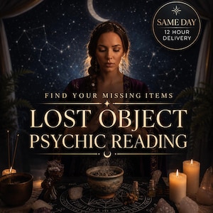 以下が含まれることがあります： FIND YOUR MISSING ITEMS LOST OBJECT PSYCHIC READINGおよびSAME DAY 12 HOUR DELIVERYというテキストが記載されたサイキックリーディングサービス。画像には、煙の出るボウル、キャンドル、クリスタルが置かれたテーブルの背後にいる人物が写っています。