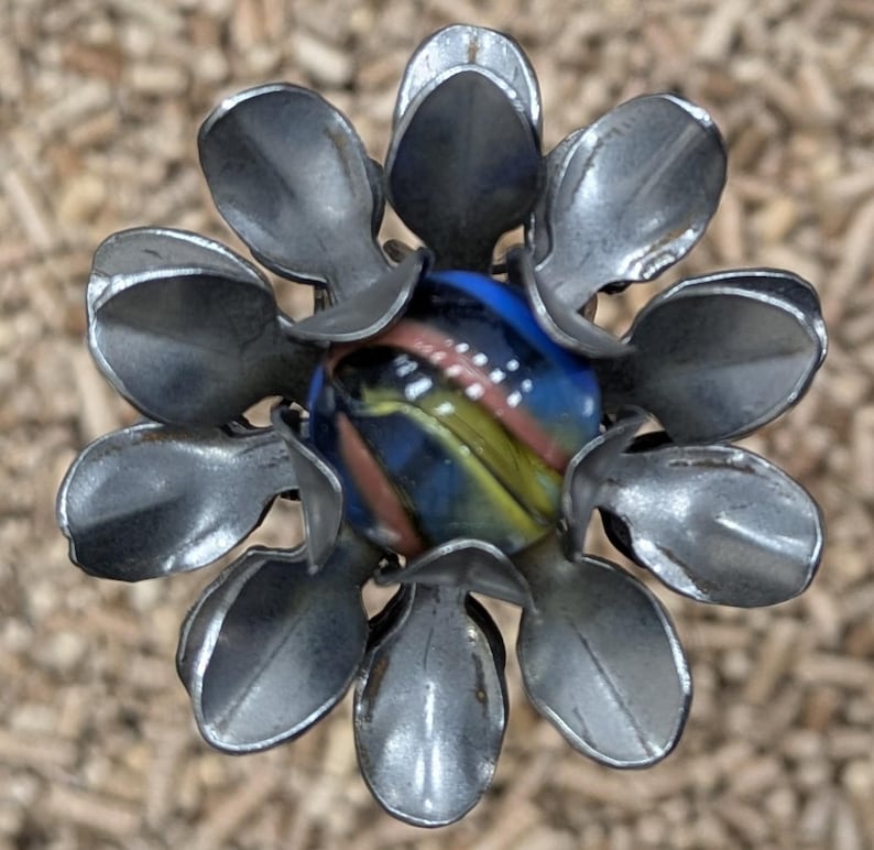 Metal Mum Garden Stake: Rusty Steel Flower with Glass Marble clear w/multi swirl
