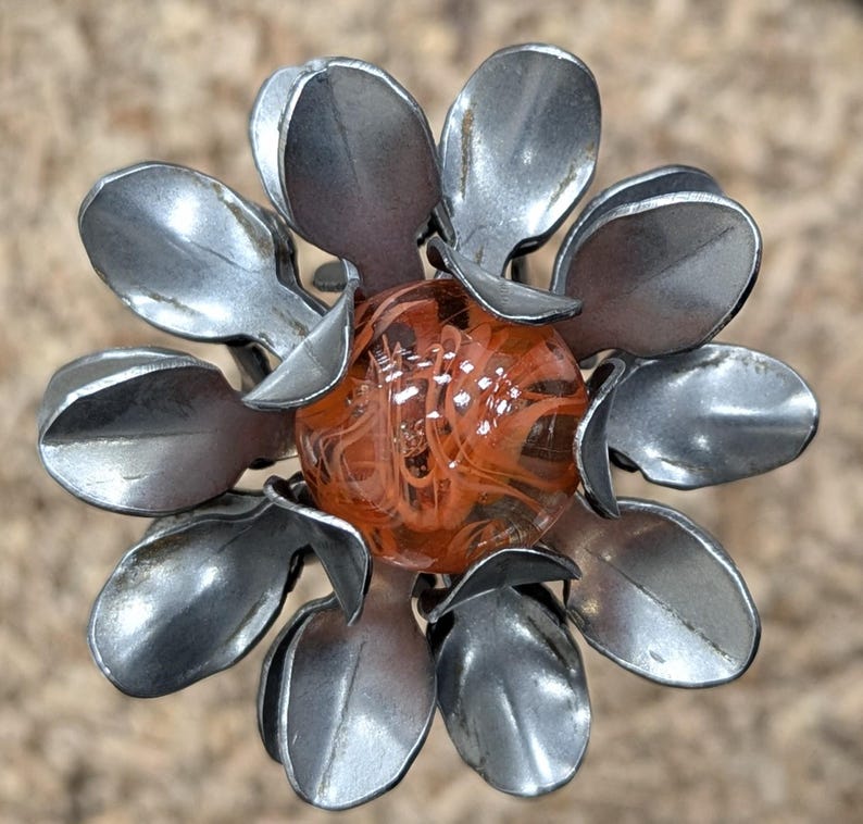 Metal Mum Garden Stake: Rusty Steel Flower with Glass Marble orange spaghetti