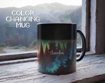Personalisierte Nordlichter Tasse, Aurora Borealis Kaffeetasse für Natur- und Sternengucker-Enthusiasten, Farbmorphing Tasse, 11 Unze