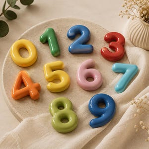 May include: A set of ten smooth, glossy, rounded number figures from zero to nine, each in a distinct vibrant colour including yellow, green, blue, red, orange, pink, and light blue, arranged in a circular formation on a textured surface.