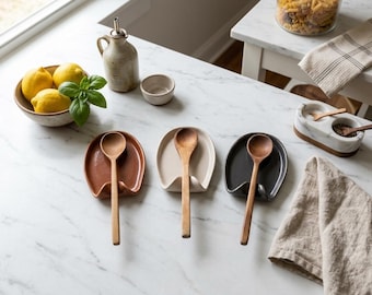 Handmade Ceramic Spoon Rest Set – Terracotta, Cream, Grey Modern Kitchen Decor
