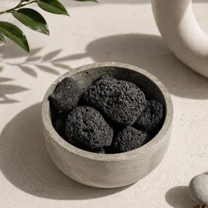 May include: A round, gray concrete bowl filled with several porous, black volcanic lava rocks. The bowl has a smooth, matte finish and a thick rim, contrasting with the rough, irregular, and pitted texture of the dark stones contained inside.