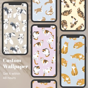 Fondo de pantalla de teléfono de mascotas, retrato de mascota, ilustración de mascota, lindo fondo de pantalla de iPhone, personalizado, perros y gatos, para San Valentín, regalo de San Valentín