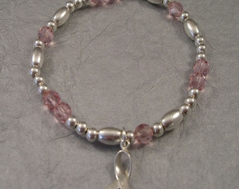 Breast Cancer Awareness Bracelet - Swarovski Austrian Crystals and Sterling Silver Beads