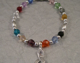 Multicolored Cancer Awareness  Bracelet - Swarovski Austrian Crystals and Sterling Silver Beads