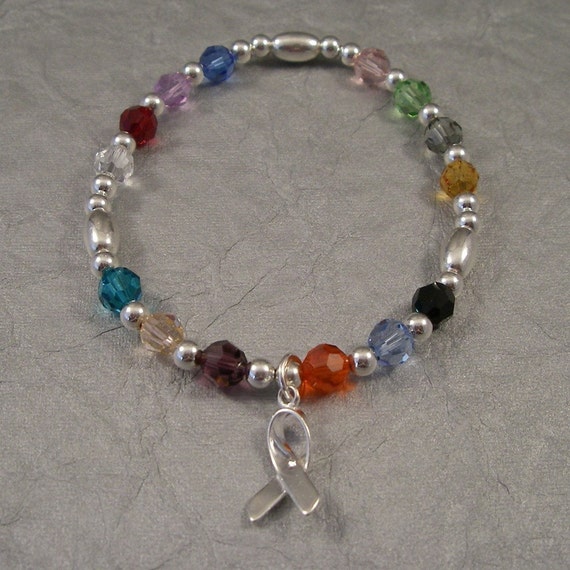Multicolored Cancer Awareness Bracelet Swarovski Austrian Crystals and Sterling Silver Beads Etsy Canada
