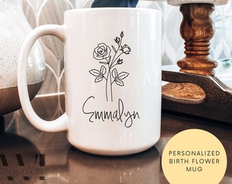 Personalized Birth Flower Coffee Mug, Custom Birth Month Gift for Her, Graduation Birthday Gift, Custom Name Floral Mug, Bridesmaid Gift