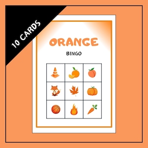 3x3 Color Orange Bingo Spiel für Kleinkinder - 10 druckbare Bingo Karten - Farbe Orange - Lernspiel
