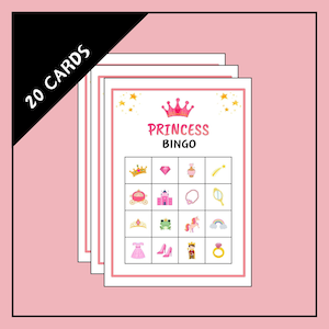 Jogo de bingo de princesa – 4x4 – 20 cartões de bingo de princesa para imprimir – jogos de festa de aniversário de princesa – atividades de princesa – jogos de princesa
