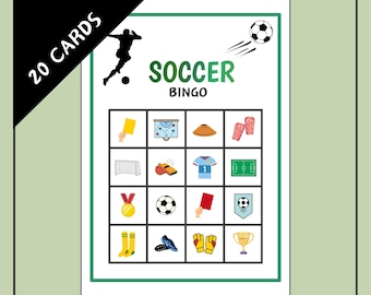 Könnte beinhalten: Eine grün-weiße Fußball-Bingo-Karte mit 25 Feldern. Jedes Feld enthält ein anderes Fußball-bezogenes Bild, wie einen Fußball, eine Pfeife, ein Tor und eine Trophäe. Die Karte ist mit "Soccer Bingo" betitelt.