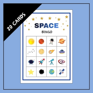 4x4 ruimtebingospel – 20 ruimtebingokaarten – ruimtebingo – zonnestelselbingo – ruimtefeestspel voor kinderen – ruimteactiviteit