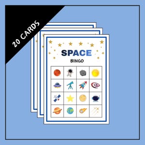 Ruimtebingospel – 4 x 4 – 20 ruimtebingokaarten – ruimtebingo – zonnestelselbingo – ruimtefeestspel voor kinderen – ruimteactiviteit