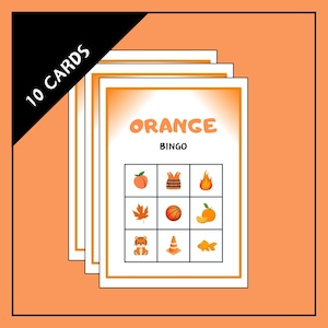 Farbe Orange Bingospiel für Kleinkinder – 3x3 – 10 druckbare Bingokarten – Farbe Orange – Lernspiel