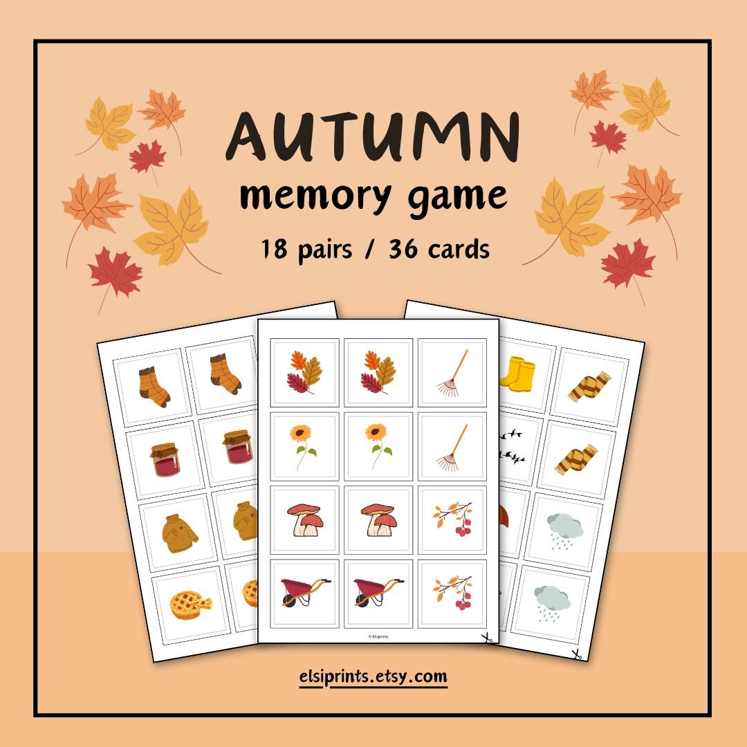 AUTUMN Memory Game – 18 Matching Pairs / 36 Cards – Printable Fall ...