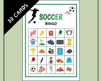 Könnte beinhalten: Fußball-Bingo-Spielkarte mit 30 Karten. Die Karte zeigt Illustrationen zum Thema Fußball, darunter ein Fußball, eine Spielersilhouette und verschiedene spielbezogene Symbole. Der Titel "Soccer Bingo" wird in Grün angezeigt.