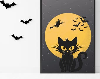 Cartaz de Halloween com gato preto e lua cheia – arquivo digital para impressão – arte de parede de Halloween