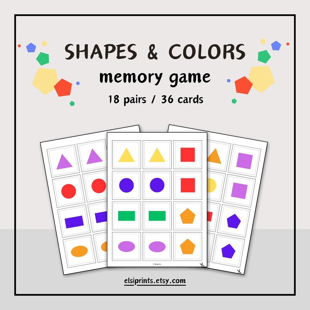 SHAPES and COLORS Memory Game – 18 Pairs / 36 Cards – Matching Pairs ...