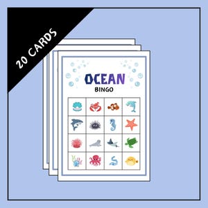 Juego de bingo oceánico – 4x4 – 20 tarjetas de bingo oceánico – bingo submarino imprimible – actividad oceánica – juego de fiesta oceánico para niños