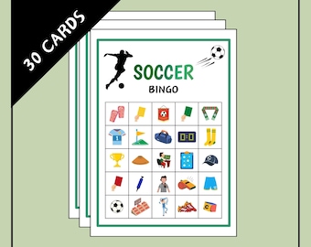 Könnte beinhalten: Ein Stapel von 30 Fußball-Bingo-Karten. Jede Karte hat einen grünen Rand und ein Raster mit Fußball-Symbolen, darunter ein Fußball, ein Trikot, eine Trophäe und mehr. Die Worte "Soccer Bingo" sind oben angezeigt.