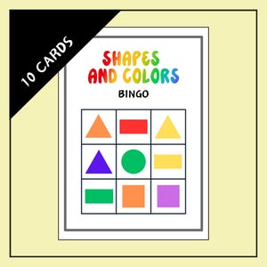 幼児向け 3x3 形と色のビンゴ ゲーム – 印刷可能なビンゴ カード 10 枚 – 形のビンゴ – 色のビンゴ – 学習ゲーム