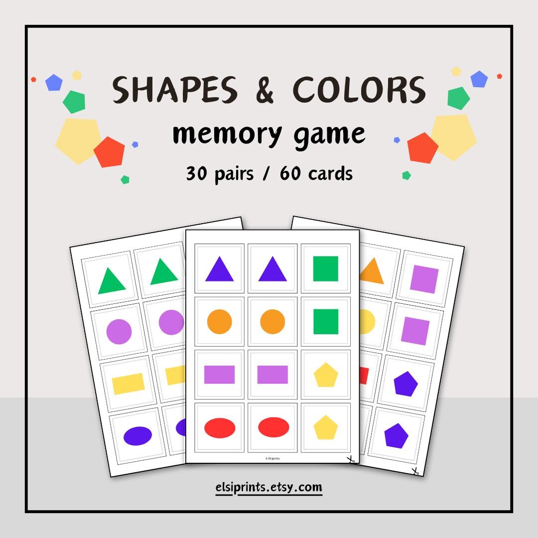 30 Pairs / 60 Cards Shapes & Colors Memory Game – Matching Pairs ...
