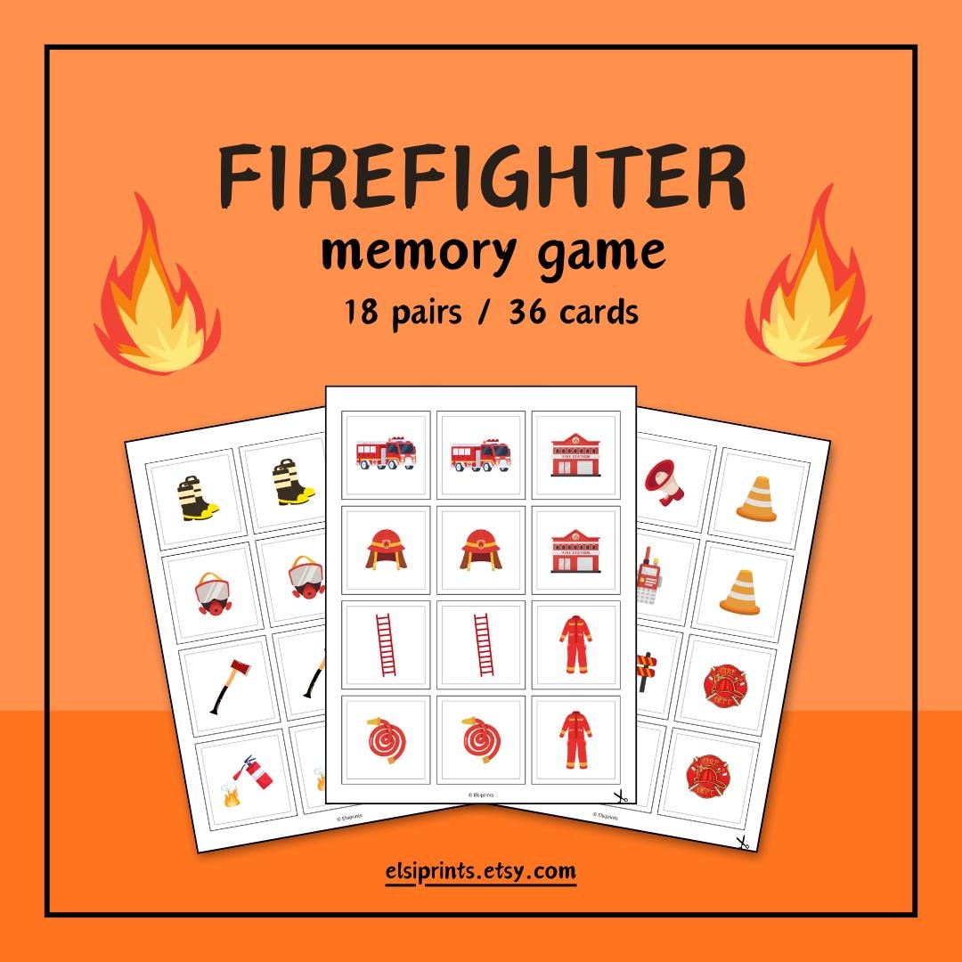 FIREFIGHTER Memory Game – 18 Matching Pairs / 36 Cards – Printable ...
