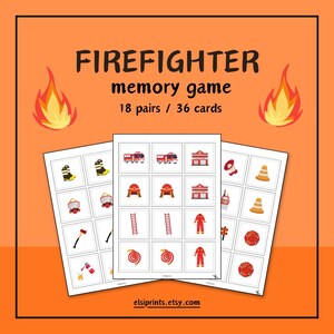 Op de afbeelding: Een geheugenspel met een brandweerthema. Het spel bevat 18 paren of 36 kaarten. De kaarten bevatten illustraties van brandweerwagens, helmen en andere brandweeruitrusting. De achtergrond is oranje met vlammen.