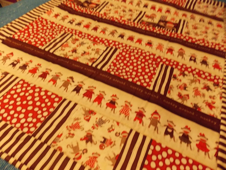 Sock Monkey Baby Toddler Quilt~Quilting Treasures Sock Monkey~Handmade Baby Toddler Quilt~Nap Time Quilt