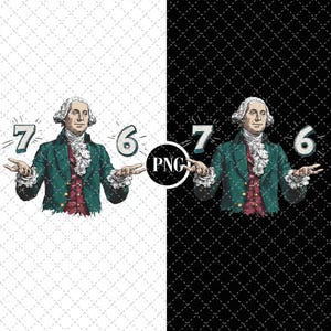 Op de afbeelding: Een illustratie van George Washington met de nummers 7 en 6 aan weerszijden. Hij draagt een groene jas, een rood vest en een wit gerimpeld overhemd. De achtergrond is verdeeld, met een wit en zwart ruitpatroon.