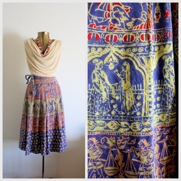 Vtg Indian Magic Hand Blocked  Bohemian Cotton Wrap Skirt.. Vintage