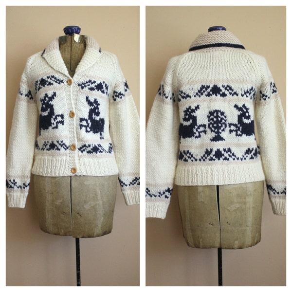 Vintage 70s DEER HandKnit  Button Up Boho Sweater With Wooden Buttons