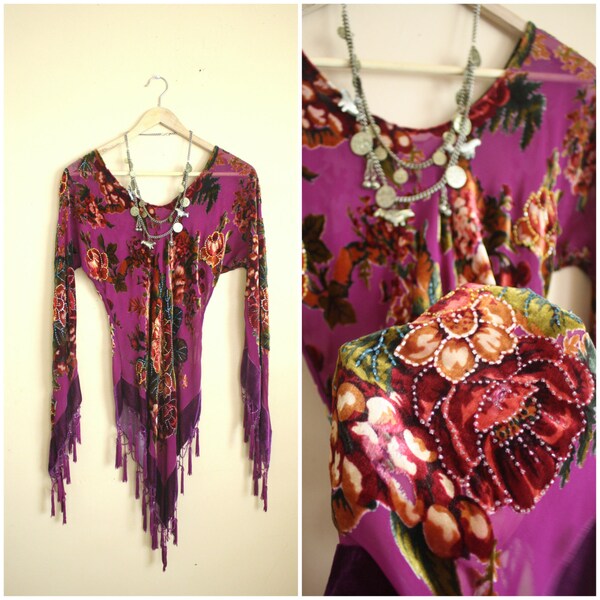 Red Roses Velvet Burnout Top Blouse Scarf  Silk Fringe Beaded Janis