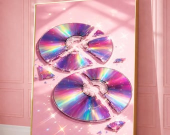Decorazione murale con CD rotto Y2K, stampa retrò femminile con arcobaleno frantumato, atmosfere disco pastello, arredamento nostalgico anni '90 e 2000