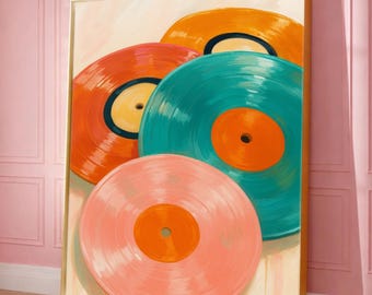 Pink Teal Red Orange Vinyl Record Wall Art | Y2K Girly Print | Retro Printable Digital Download | Trendy Colorful Art