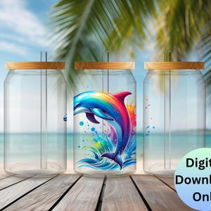 Elegant Dolphin Watercolour Glass Tumbler Wrap | 16oz Can | Ocean Splash Design