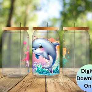 Happy Dolphin Glass Tumbler Wrap | 16oz Can | Playful Ocean Design