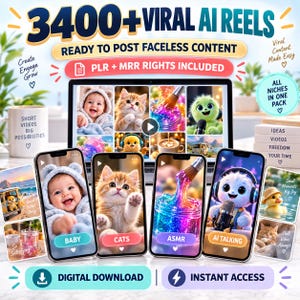 May include: A digital product display featuring 3400+ Viral AI Reels with PLR and MRR rights. The image shows a laptop screen and four smartphones displaying various video content including babies, kittens, ASMR, and AI characters, with text overlays.