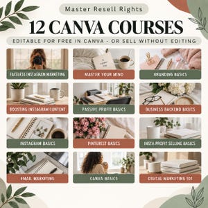 Op de afbeelding: Een digitaal productoverzicht getiteld 12 CANVA COURSES met Master Resell Rights. De afbeelding bevat een raster van twaalf rechthoekige panelen, elk met een andere cursustitel en een bijbehorende lifestyle-foto van kantoorbenodigdheden.