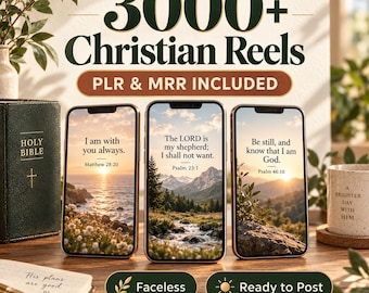 Puede incluir: Tres teléfonos inteligentes muestran imágenes cristianas con versículos bíblicos como Mateo 28:20, Salmo 23:1 y Salmo 46:10. El texto 3000+ Christian Reels, PLR & MRR INCLUDED, Faceless y Ready to Post aparece junto a una Santa Biblia.