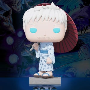 May include: A Funko Pop vinyl figure of a character with white hair, blue eyes, and a light blue kimono with a dragonfly pattern. The figure holds a red parasol and stands on a gray base with the name "GOJO" below. The background features comic book-style illustrations.