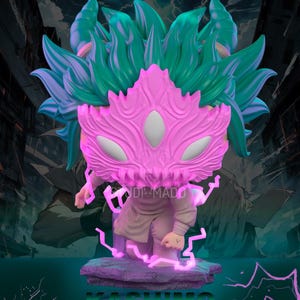 May include: A detailed figurine of the character Kashimo, featuring a pink mask with three eye-shaped openings and teal and blue spiky hair. The figure stands on a purple base with lightning effects, and the name "KASHIMO" is displayed in green.